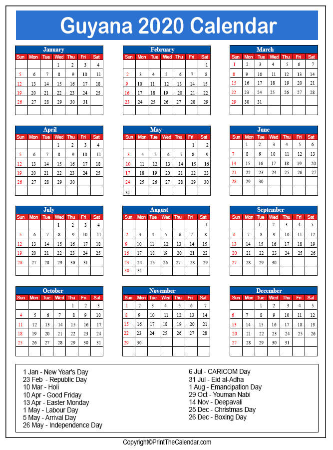 Guyana Printable Calendar 2020